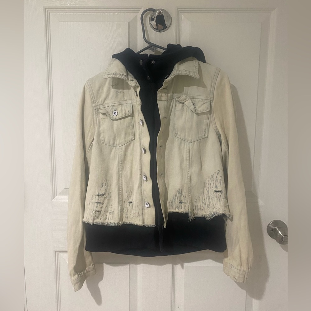 Free People White Distressed Jean Jacket with attached Navy Blue Hoodie